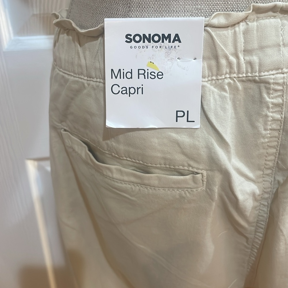 Sonoma Mid Rise Capri pants khaki tan elastic drawstring waist women’s PL petite - Picture 12 of 16